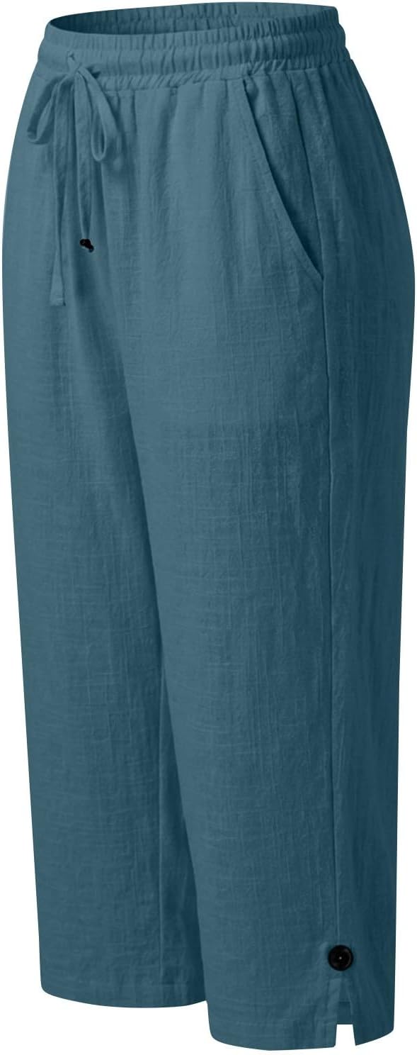 Elastic Waist Loose Straight Linen Cotton Capris Cropped Pocketed Trousers for Womens Spring and Summer Casual Wear Elastic Waist Loose Straight Linen Cotton Capris Cropped Pocketed Trousers for Womens Spring and Summer Casual Wear