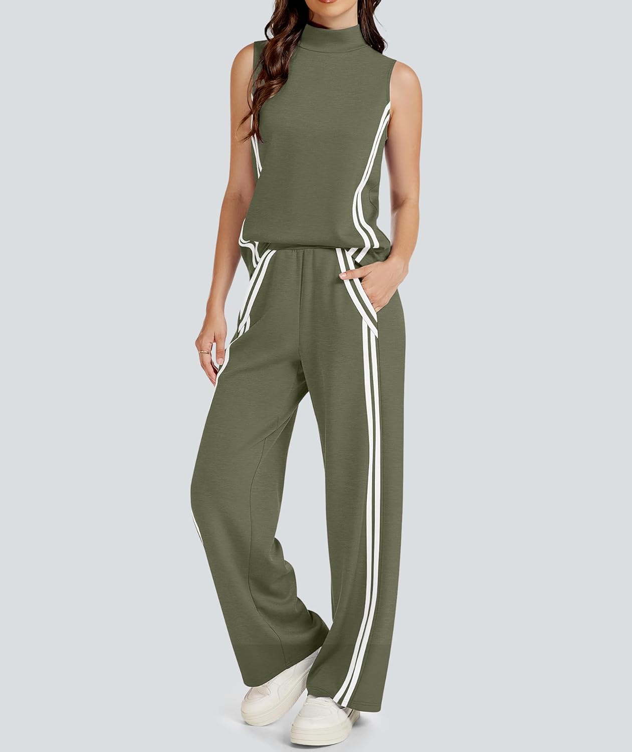 Womens 2 Piece Lounge Set Stripes Travel Outfits Sweatsuit Mock Neck Tank Top Wide Leg Pants Casual Activewear Womens 2 Piece Lounge Set Stripes Travel Outfits Sweatsuit Mock Neck Tank Top Wide Leg Pants Casual Activewear