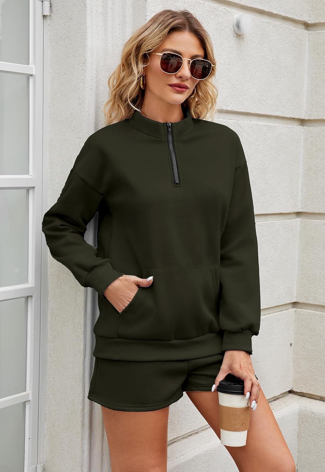 Womens Sweatsuits 2 Piece Outfits Half Zip Sweatshirt Sweat Shorts with Pockets Lounge Sets