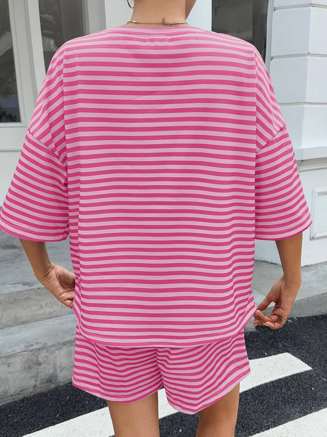 Womens Striped 2 Piece Outfits Sweatsuits 3\/4 Sleeve Tops High Waisted Shorts Casual Lounge Sets Womens Striped 2 Piece Outfits Sweatsuits 3\/4 Sleeve Tops High Waisted Shorts Casual Lounge Sets
