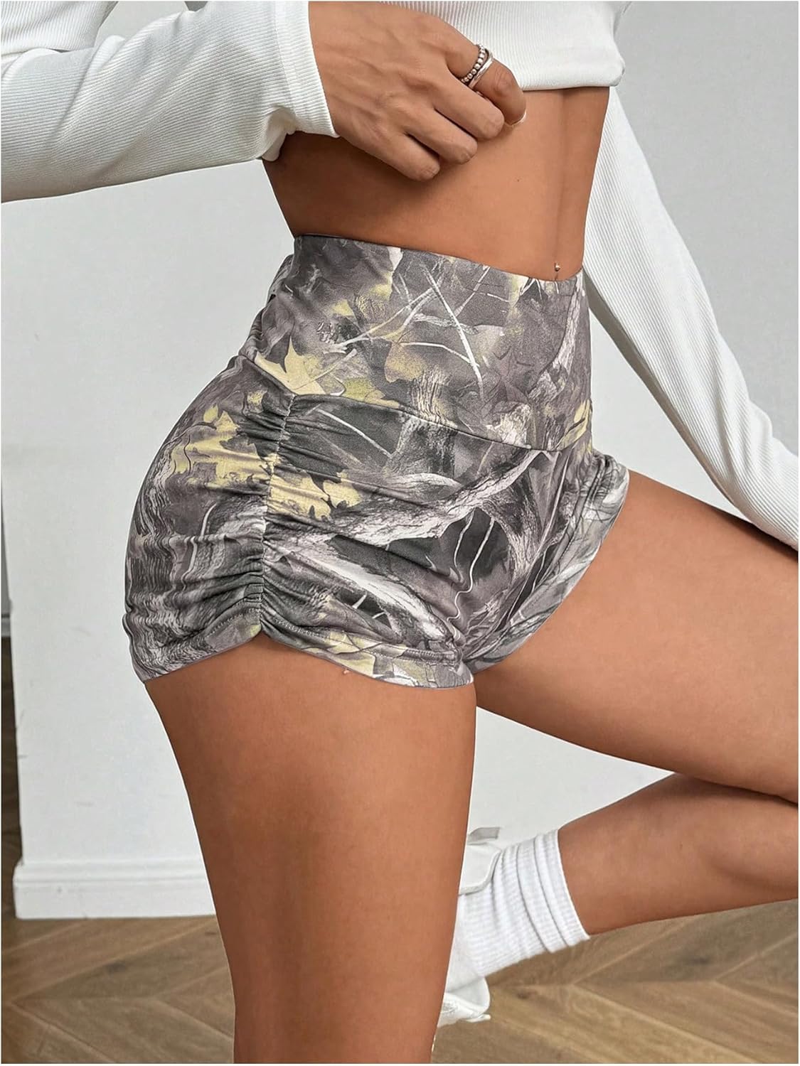 Women's Camo Biker Shorts High Waisted Ruched Workout Yoga Shorts