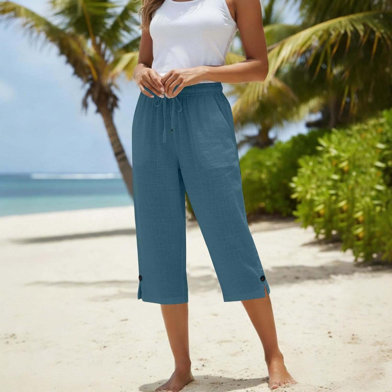 Elastic Waist Loose Straight Linen Cotton Capris Cropped Pocketed Trousers for Womens Spring and Summer Casual Wear