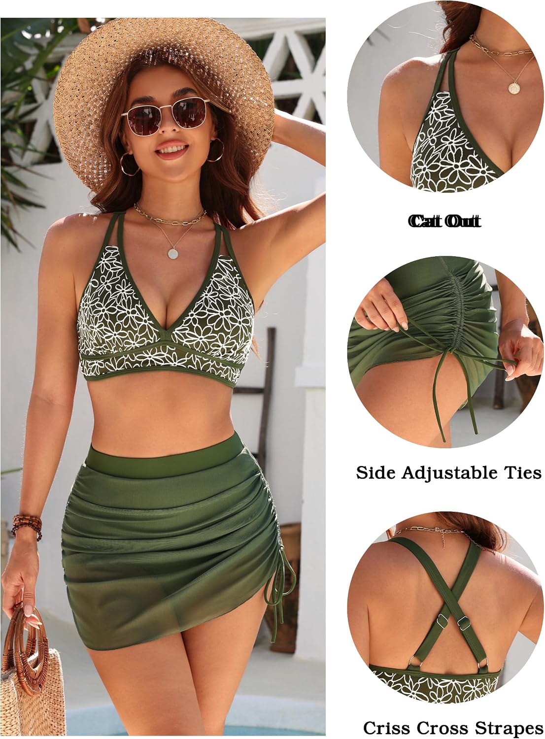 Womens High Waisted Bikini Sets Tummy Contol Swimsuits Skirt Floral Embroidery Top Mesh Swimwear