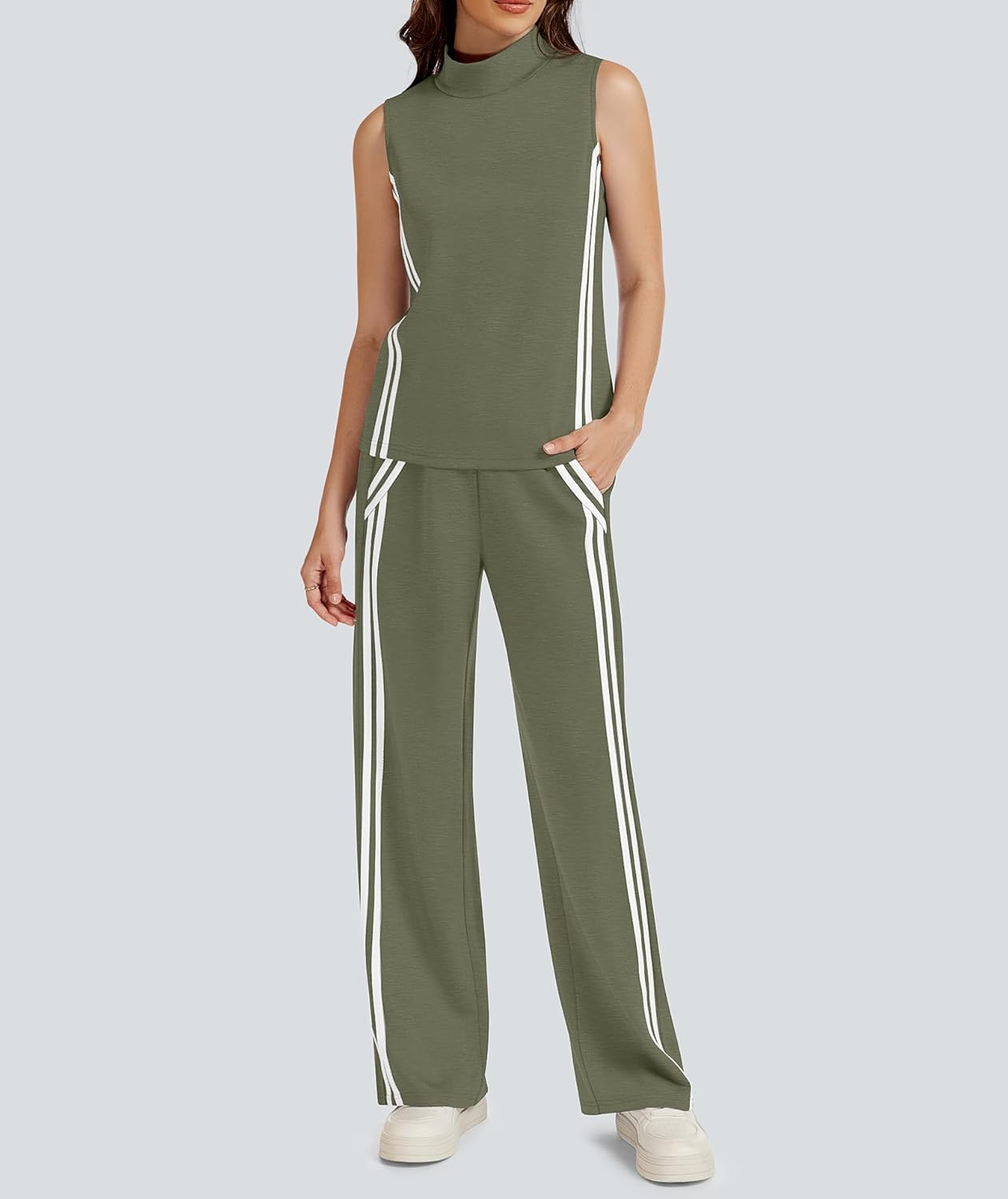 Womens 2 Piece Lounge Set Stripes Travel Outfits Sweatsuit Mock Neck Tank Top Wide Leg Pants Casual Activewear Womens 2 Piece Lounge Set Stripes Travel Outfits Sweatsuit Mock Neck Tank Top Wide Leg Pants Casual Activewear