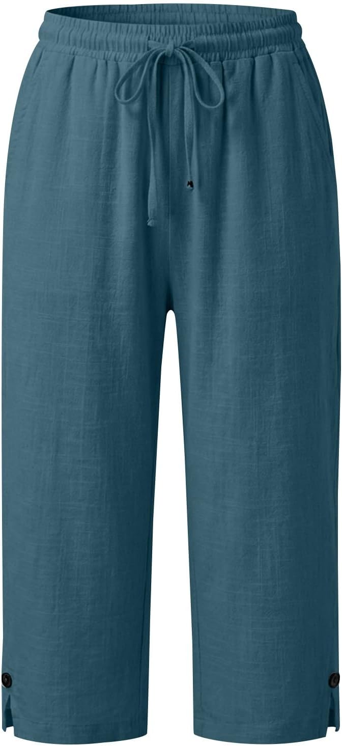 Elastic Waist Loose Straight Linen Cotton Capris Cropped Pocketed Trousers for Womens Spring and Summer Casual Wear Elastic Waist Loose Straight Linen Cotton Capris Cropped Pocketed Trousers for Womens Spring and Summer Casual Wear
