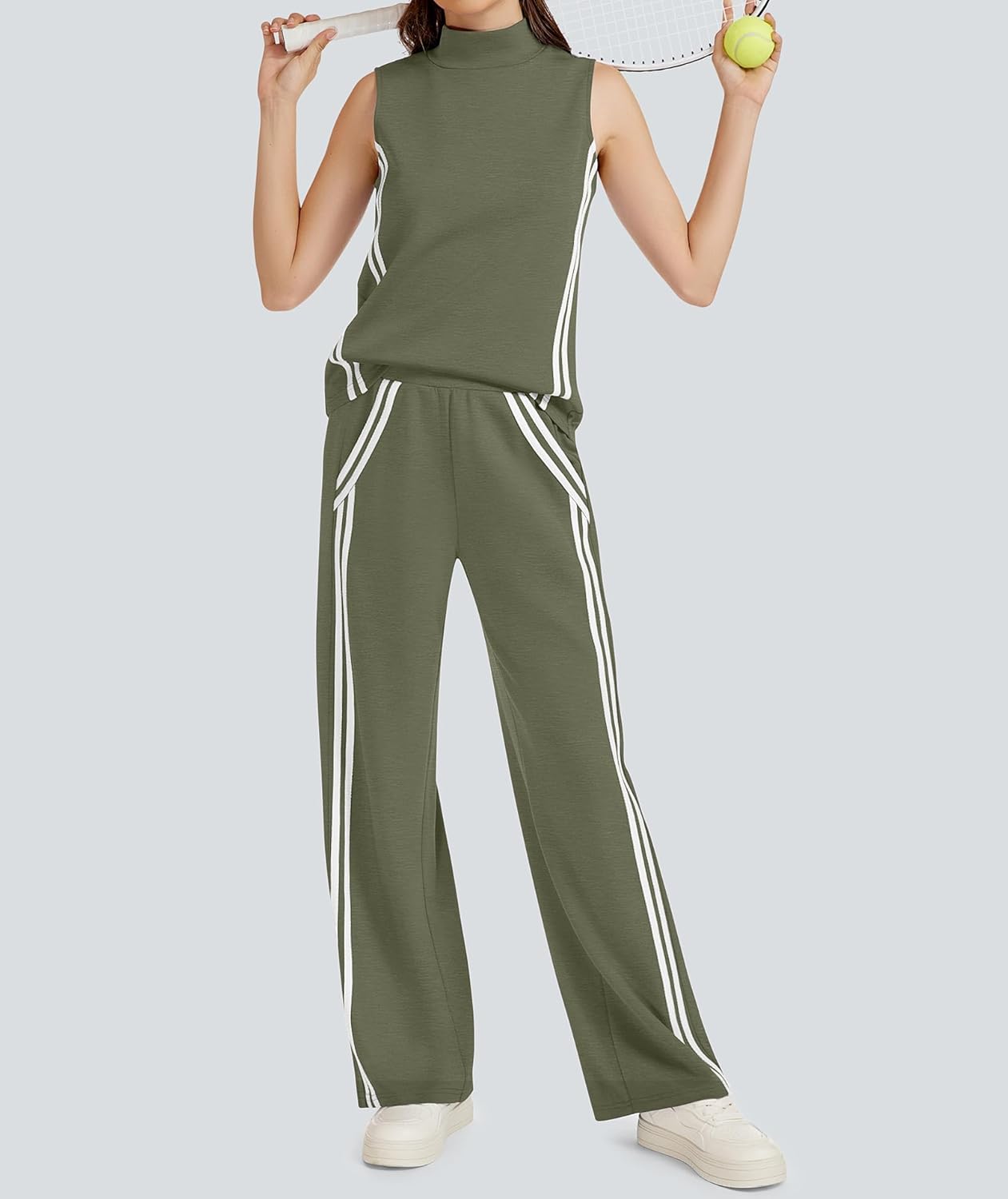 Womens 2 Piece Lounge Set Stripes Travel Outfits Sweatsuit Mock Neck Tank Top Wide Leg Pants Casual Activewear Womens 2 Piece Lounge Set Stripes Travel Outfits Sweatsuit Mock Neck Tank Top Wide Leg Pants Casual Activewear