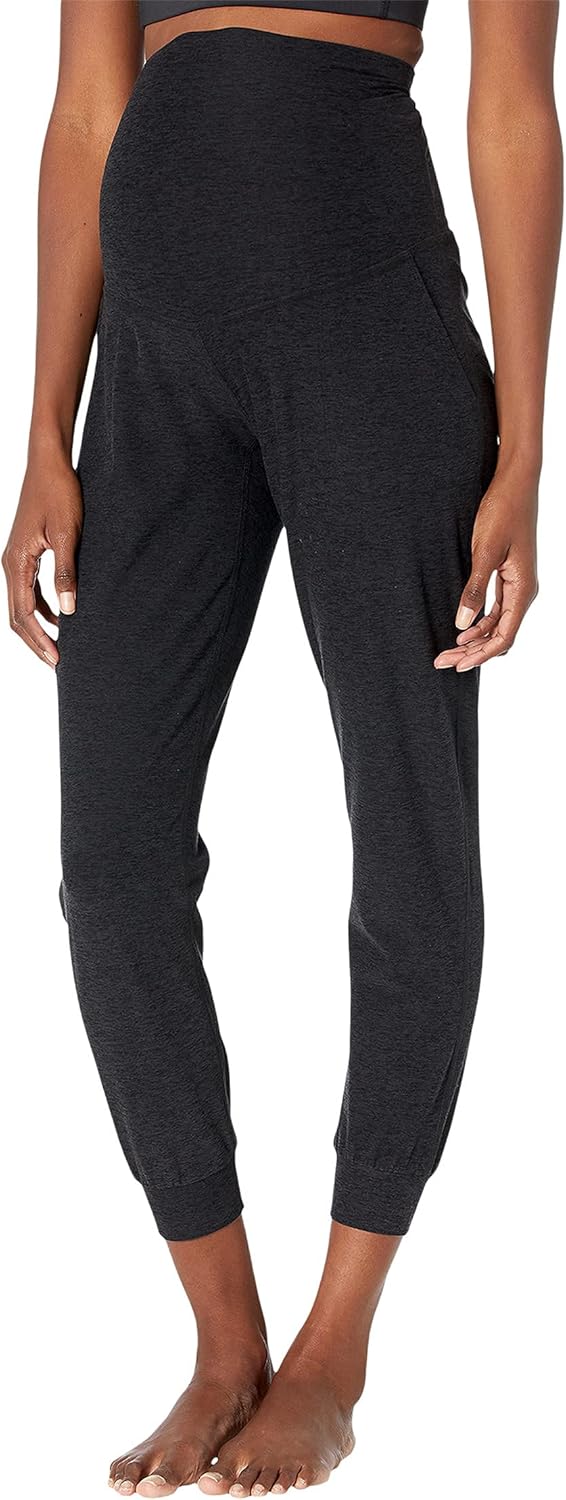Maternity Midi Joggers Pants for Women-Soft Performance Fabric Side Hand Pockets and Ribbed Cuffs