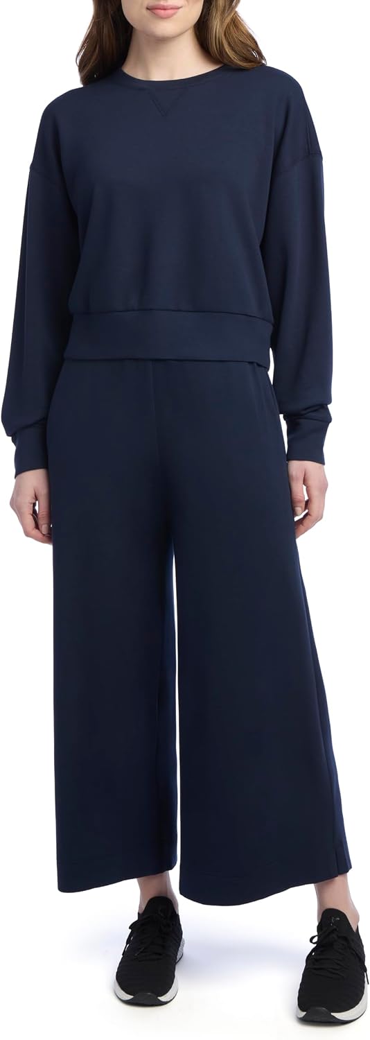 Women's 2 Piece Pique Luxe Crew Neck Pullover Gaucho Lounge Set Women's 2 Piece Pique Luxe Crew Neck Pullover Gaucho Lounge Set