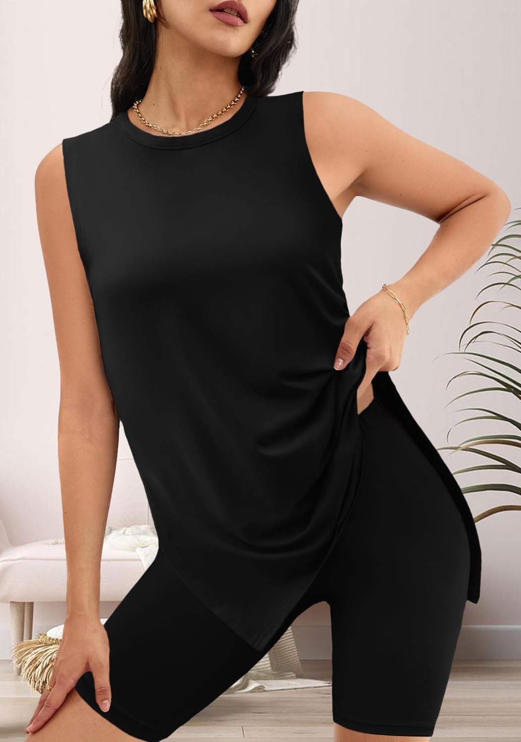 Women Two Piece Short Set Summer Sweatsuit Beach Outfits Sleeveless Tunic Top and Shorts Lounge Set Women Two Piece Short Set Summer Sweatsuit Beach Outfits Sleeveless Tunic Top and Shorts Lounge Set