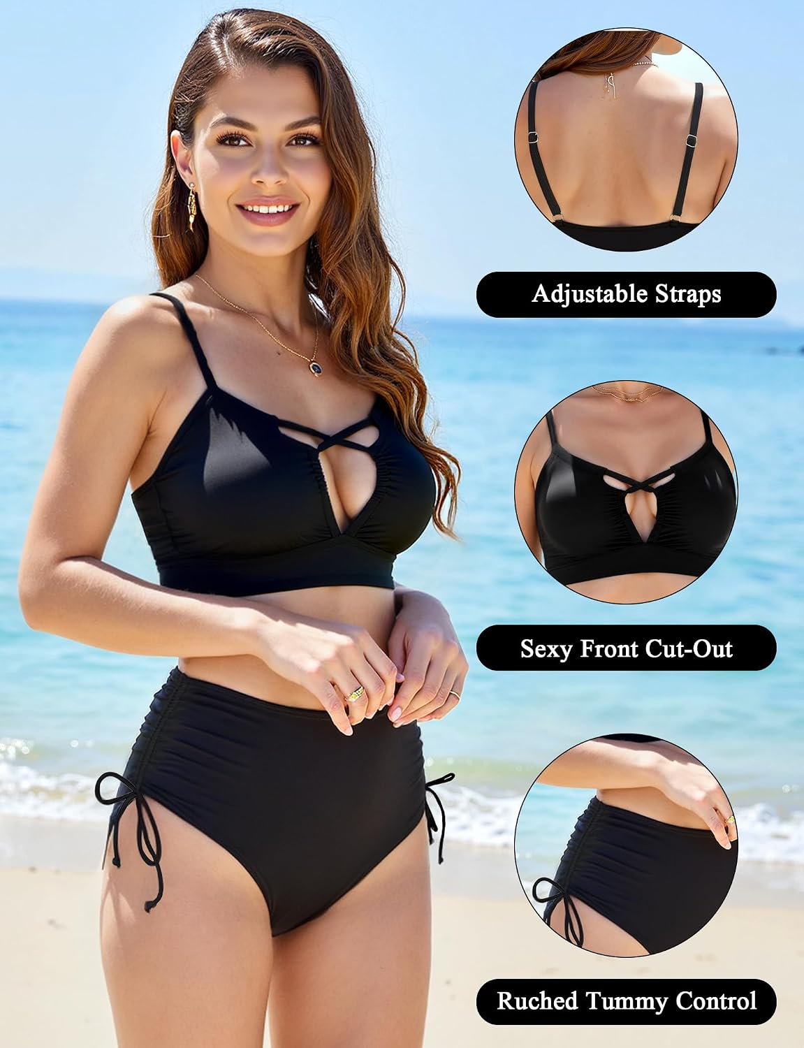 Bikini Sets for Women High Waisted Tummy Control Two Piece Front Cut-Out Strappy Swimsuit
