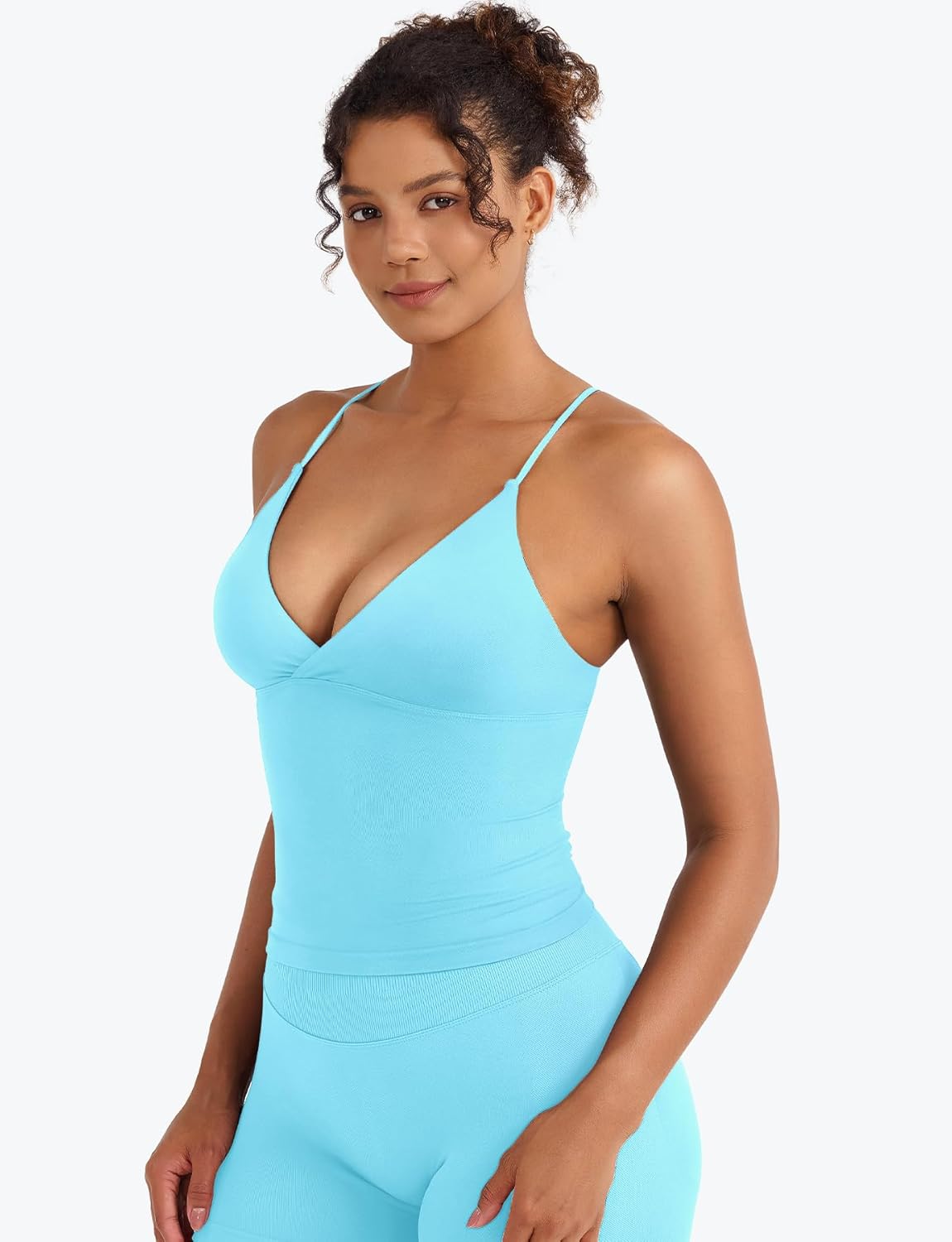 Workout Tank Tops for Women Open Back V Neck Tops with Built in Bras Adjustable Straps Longline Camisole Top