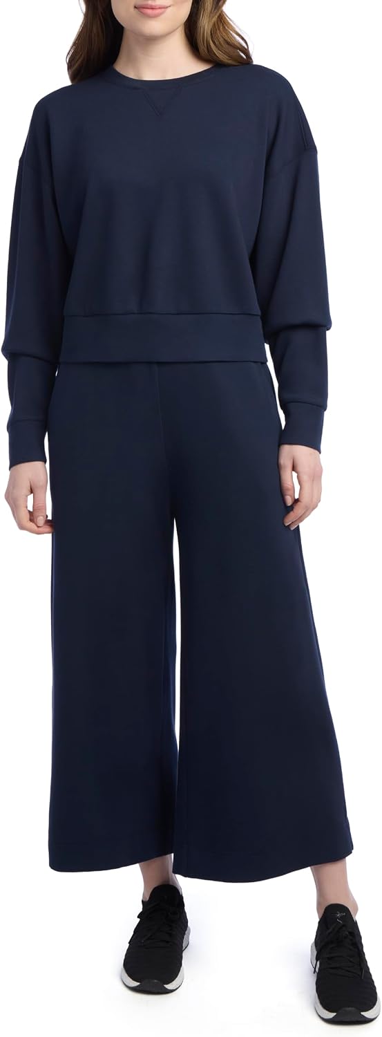 Women's 2 Piece Pique Luxe Crew Neck Pullover Gaucho Lounge Set Women's 2 Piece Pique Luxe Crew Neck Pullover Gaucho Lounge Set
