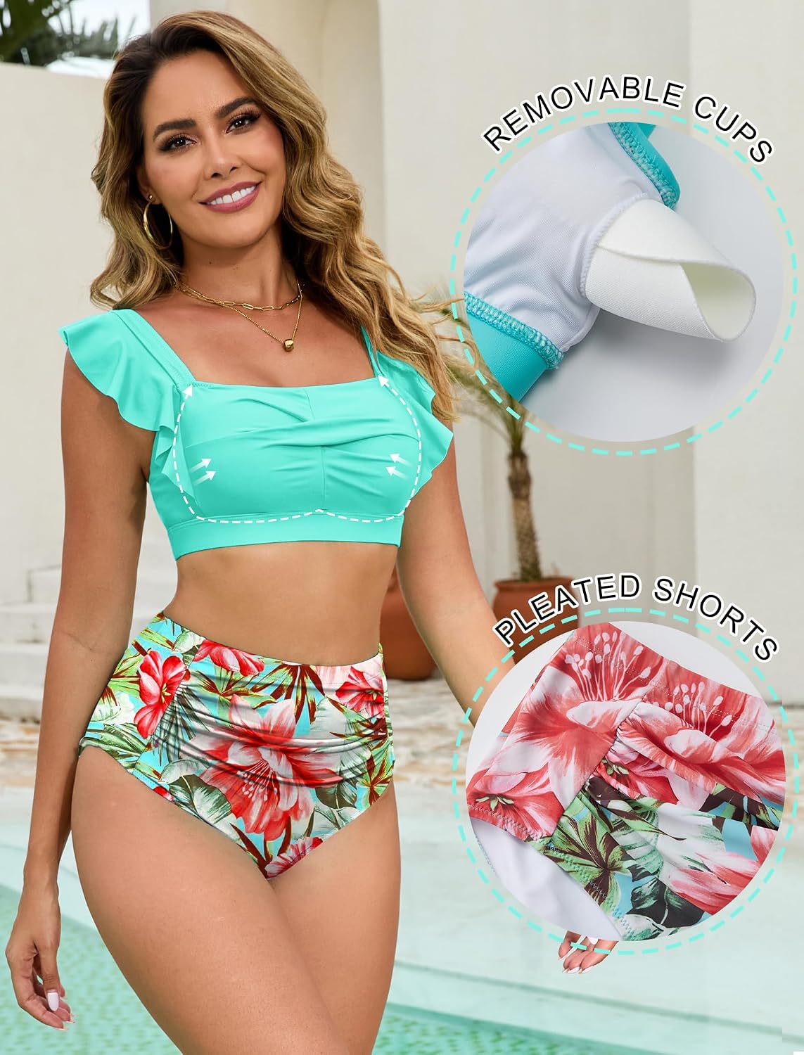 Womens High Waisted Bikini Sets Full Coverage Ruffle Swimsuits Two Piece Tummy Control Cheeky Bathing Suit