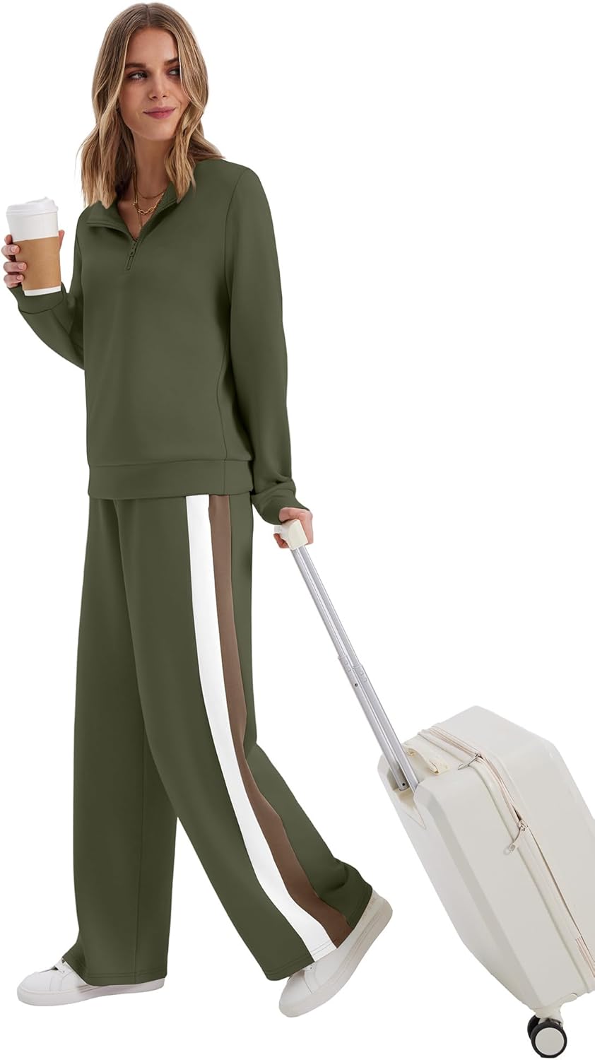 Women 2 Piece Outfits Airport Travel Vacation Sweatsuits Wide Leg Pants Lounge Set Fashion Clothes