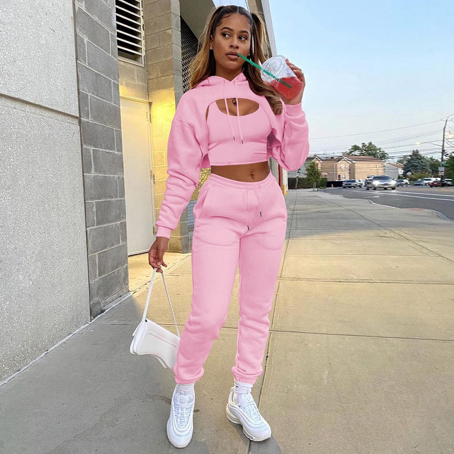 Women's Sexy 3 Piece Tracksuits - Long Sleeve Pullover Crop Top Hoodie +Tank Top+Drawstring Long Pants Sweatsuit Women's Sexy 3 Piece Tracksuits - Long Sleeve Pullover Crop Top Hoodie +Tank Top+Drawstring Long Pants Sweatsuit