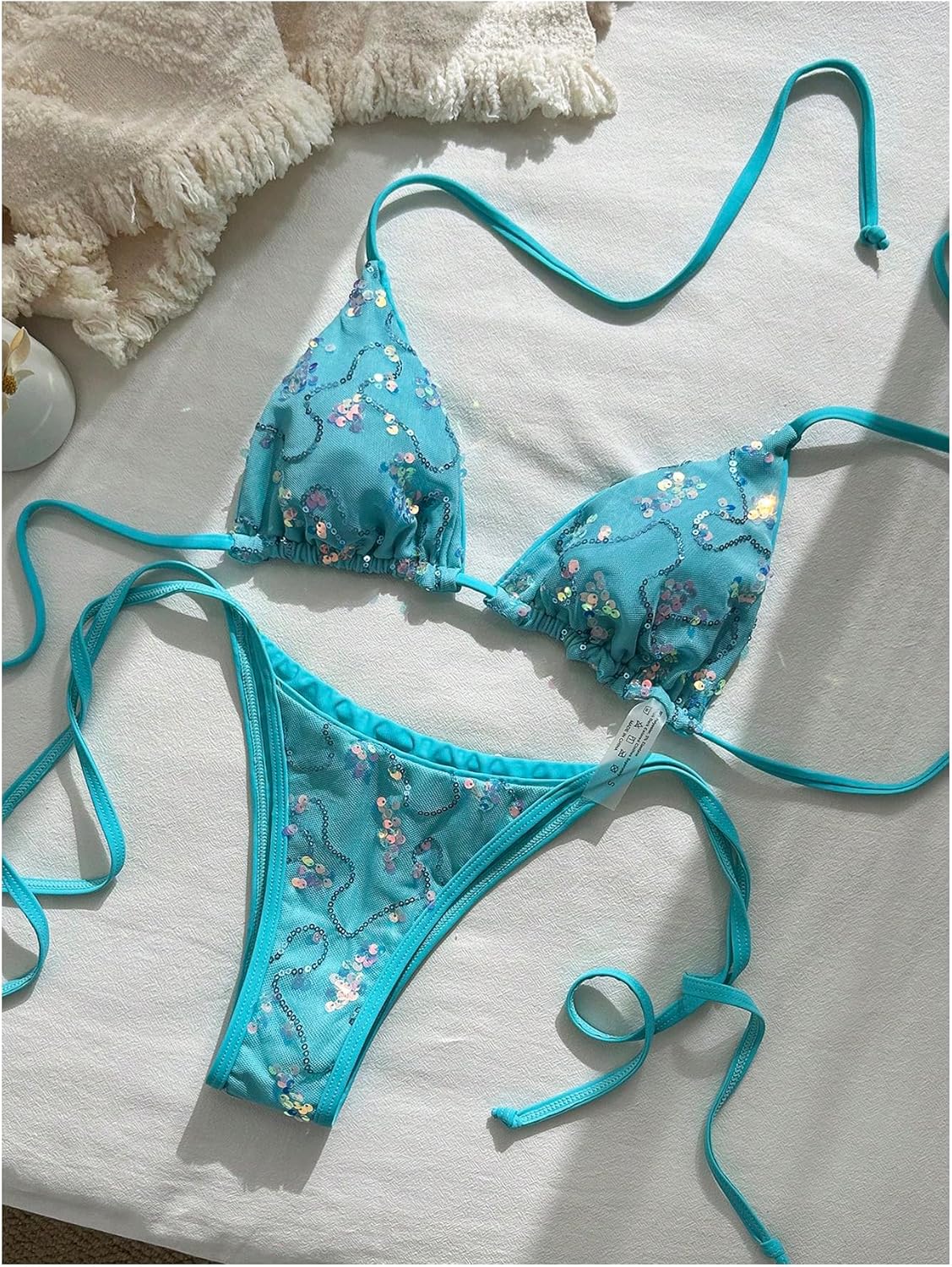 Women's Sexy High Waisted Bikini Sets Halter Triangle Thong Biniki Y2k Tie Side String Bathing Suit Sequin Swimsuit Women's Sexy High Waisted Bikini Sets Halter Triangle Thong Biniki Y2k Tie Side String Bathing Suit Sequin Swimsuit