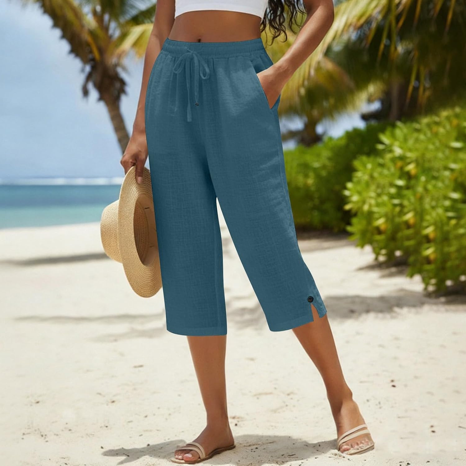 Elastic Waist Loose Straight Linen Cotton Capris Cropped Pocketed Trousers for Womens Spring and Summer Casual Wear Elastic Waist Loose Straight Linen Cotton Capris Cropped Pocketed Trousers for Womens Spring and Summer Casual Wear
