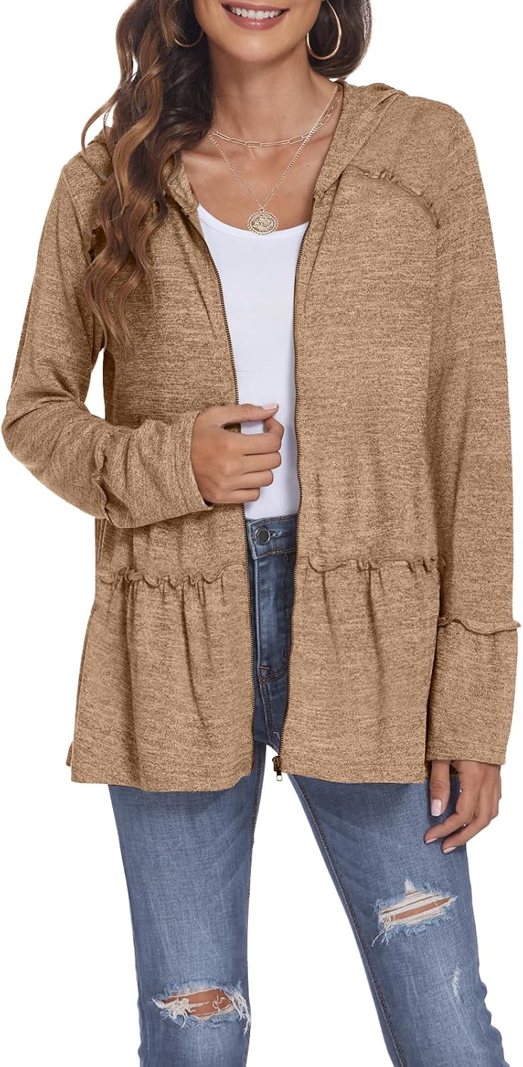 Zip Up Hoodie for Curvy Women Spring Ruffle Hooded Sweatshirts Jacket Cardigans Lightweight