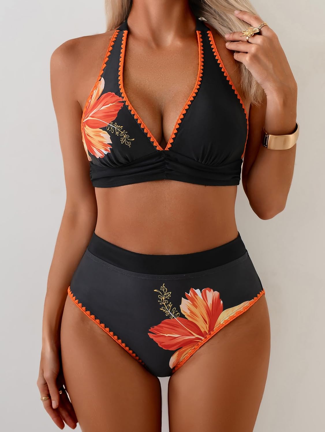 Womens Bikini Sets High Waisted Swimsuit Halter V Neck Shell Stitched Two Piece Bathing Suits