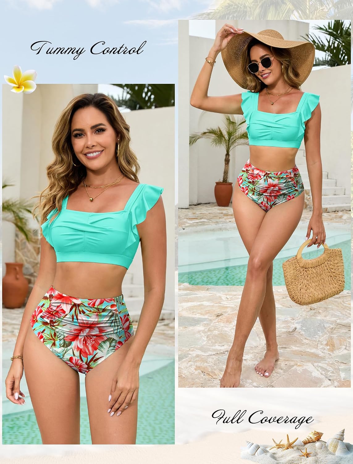 Womens High Waisted Bikini Sets Full Coverage Ruffle Swimsuits Two Piece Tummy Control Cheeky Bathing Suit Womens High Waisted Bikini Sets Full Coverage Ruffle Swimsuits Two Piece Tummy Control Cheeky Bathing Suit