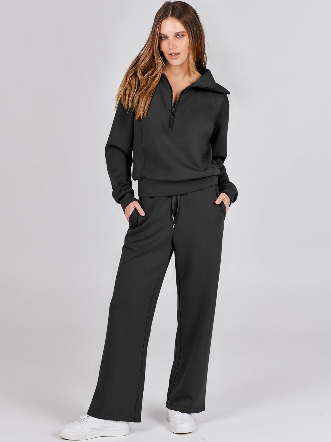 Women\u2019s 2 Piece Outfits Half Zip Sweatshirt & Wide Leg Pants Airport Travel Lounge Matching Sets Sweatsuits Clothing Women\u2019s 2 Piece Outfits Half Zip Sweatshirt & Wide Leg Pants Airport Travel Lounge Matching Sets Sweatsuits Clothing