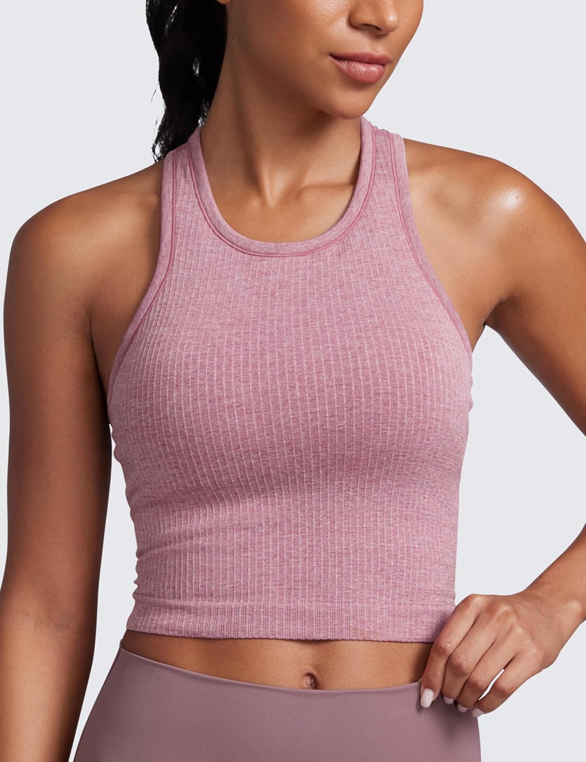 Seamless Ribbed High Neck Crop Tank Tops for Women-Longline Racerback Padded Sports Bras